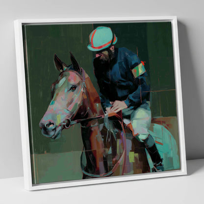 Quiet Intensity racing horse canvas wall art in white frame