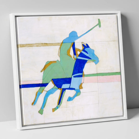 Dynamic Azure Polo polo horse canvas wall art in white frame