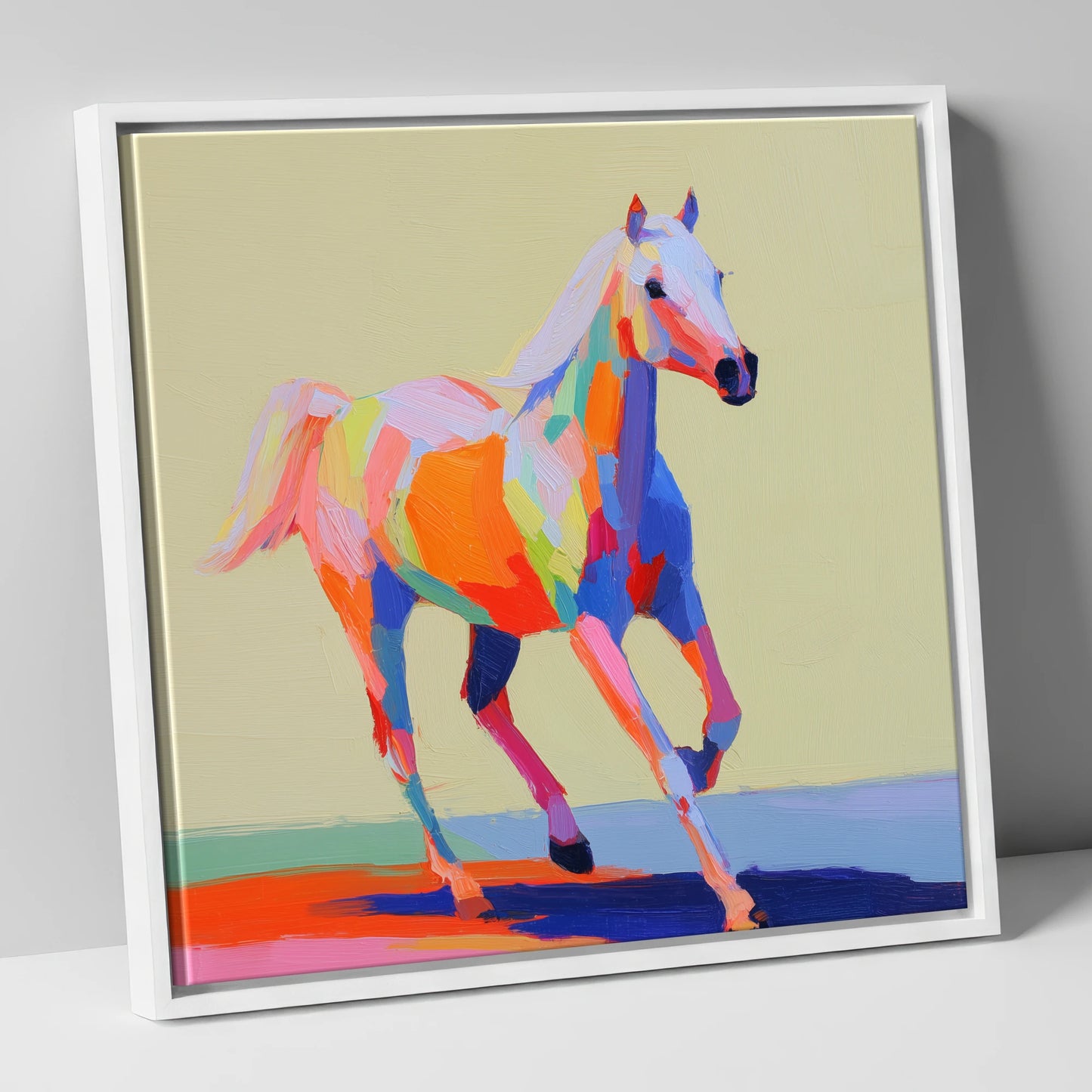 Prismatic Canter horse breed canvas wall art in white frame