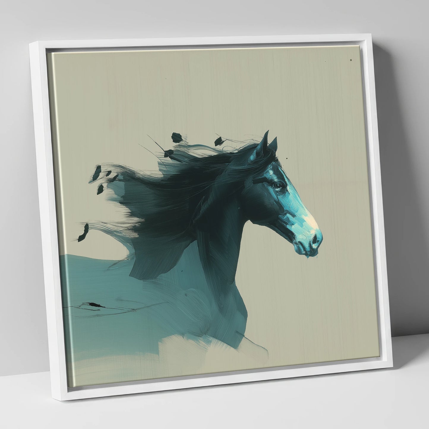 Dynamic Teal Spirit horse breed canvas wall art in white frame