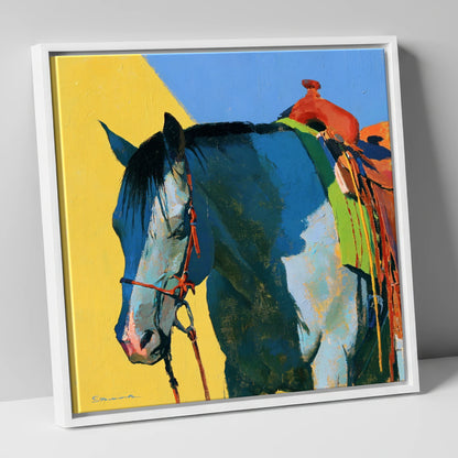 Western Horse in Blue and Yellow horse breed canvas wall art in white frame
