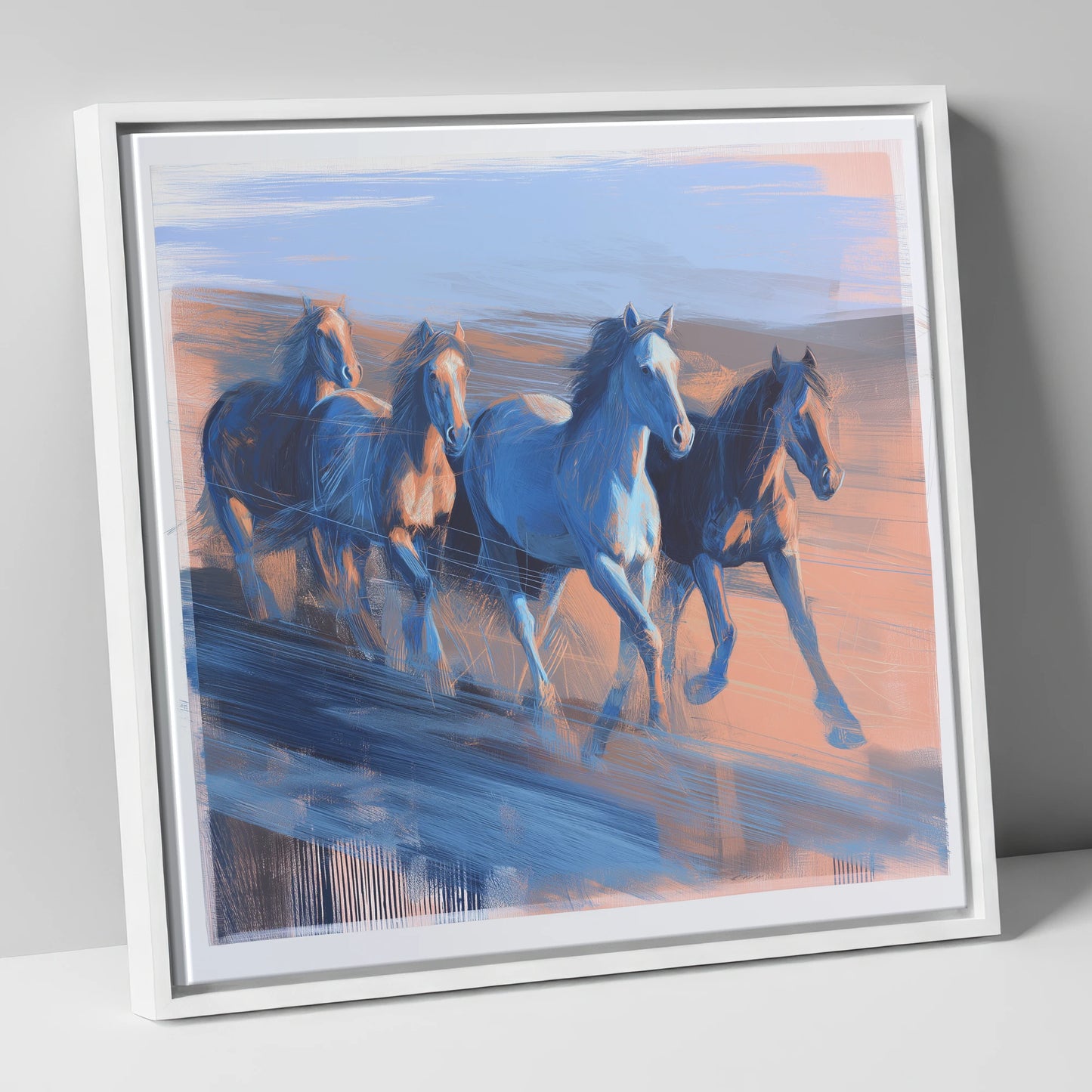 Cobalt Horizon Herd wild horses canvas wall art in white frame