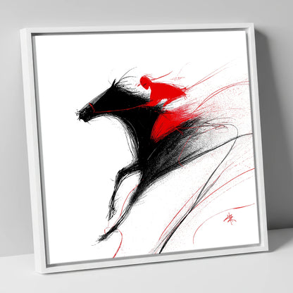 Adrenaline in Red racing horse canvas wall art in white frame