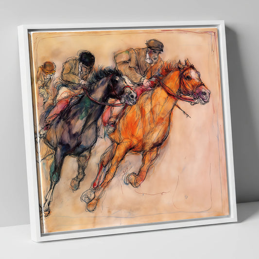 The Final Furlong racing horse canvas wall art in white frame