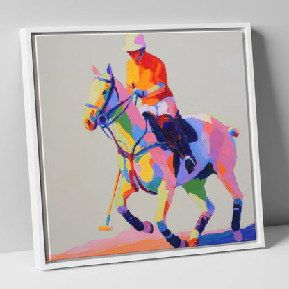 Vibrant Polo Pace polo horse canvas wall art in white frame