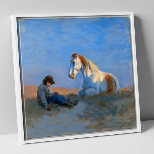 Sunlit Companions horse & rider canvas wall art in white frame