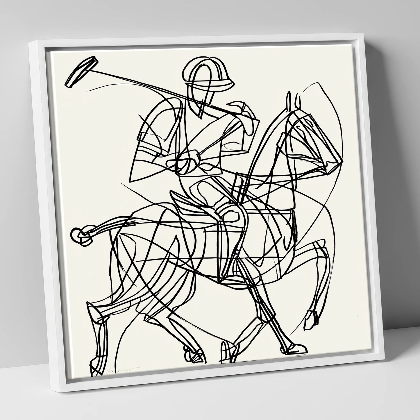 Linear Polo Strike polo horse canvas wall art in white frame