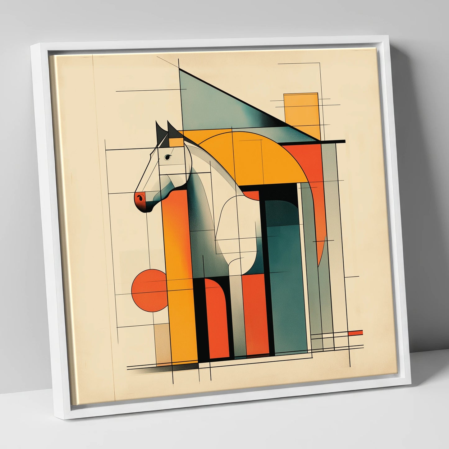 Structural Harmony horse stable canvas wall art in white frame