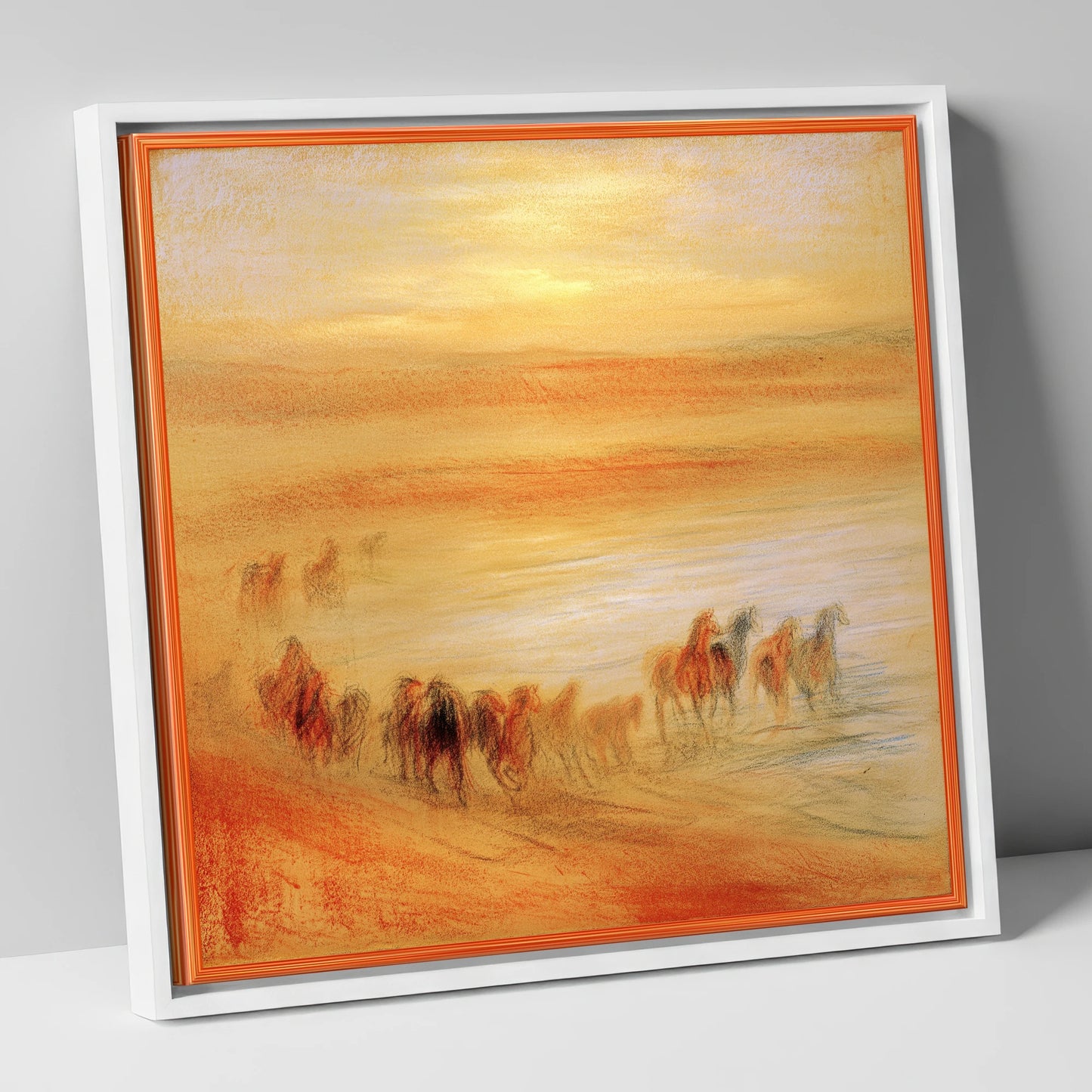 Terracotta Sunrise Herd horse landscape canvas wall art in white frame