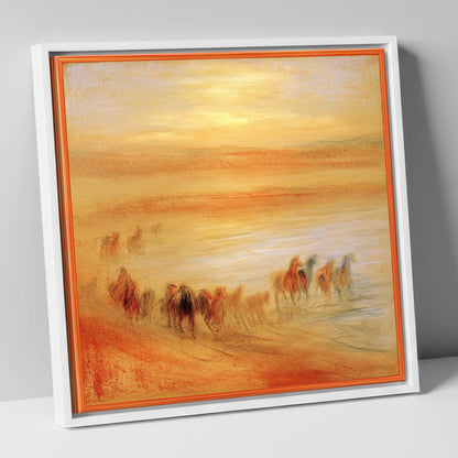 Terracotta Sunrise Herd horse landscape canvas wall art in white frame