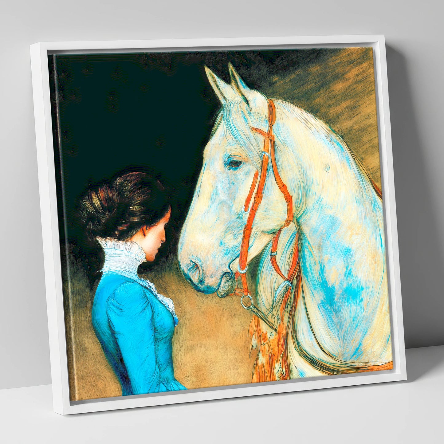 Cerulean Connection horse & rider canvas wall art in white frame