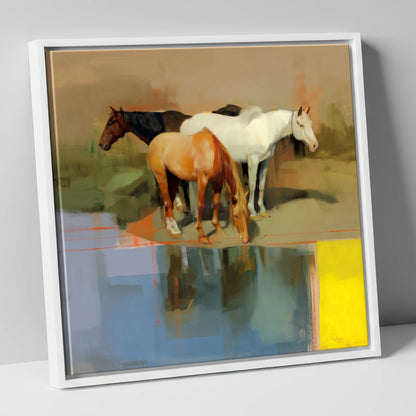 Vibrant Equine Reflections wild horses canvas wall art in white frame