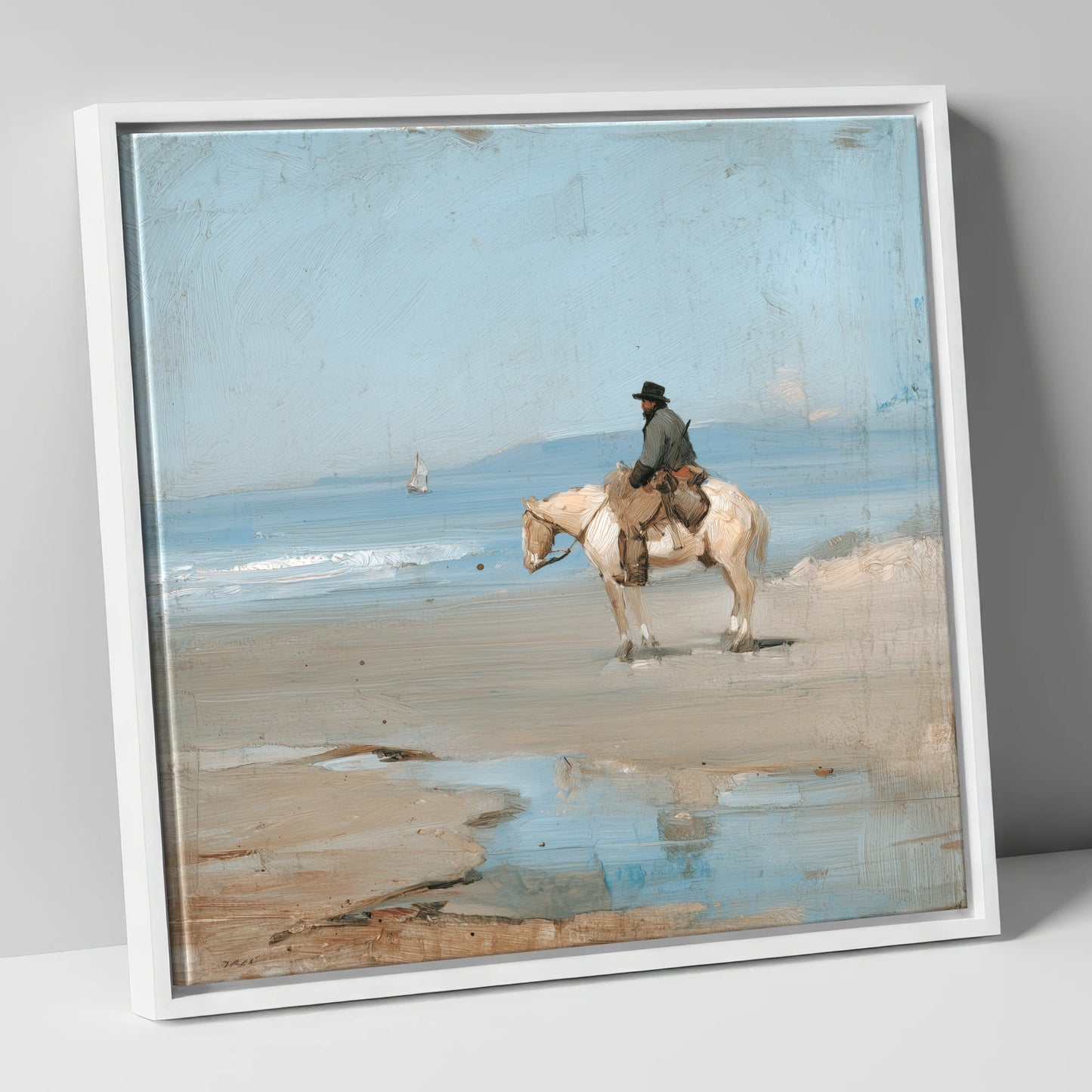 Coastal Hack at Low Tide horse landscape canvas wall art in white frame