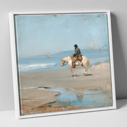 Coastal Hack at Low Tide horse landscape canvas wall art in white frame