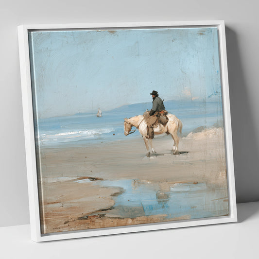Coastal Hack at Low Tide horse landscape canvas wall art in white frame