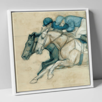 Neck and Neck racing horse canvas wall art in white frame