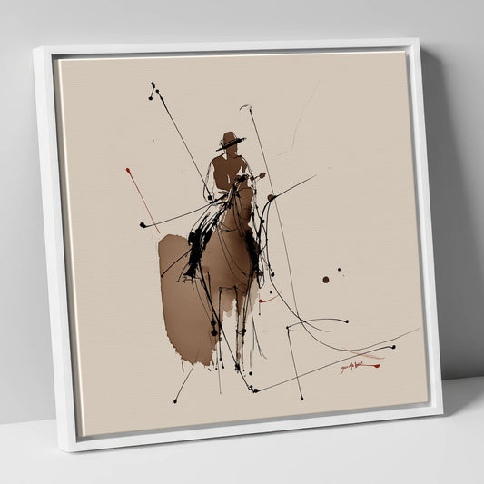 Sepia Polo Horse and Rider polo horse canvas wall art in white frame
