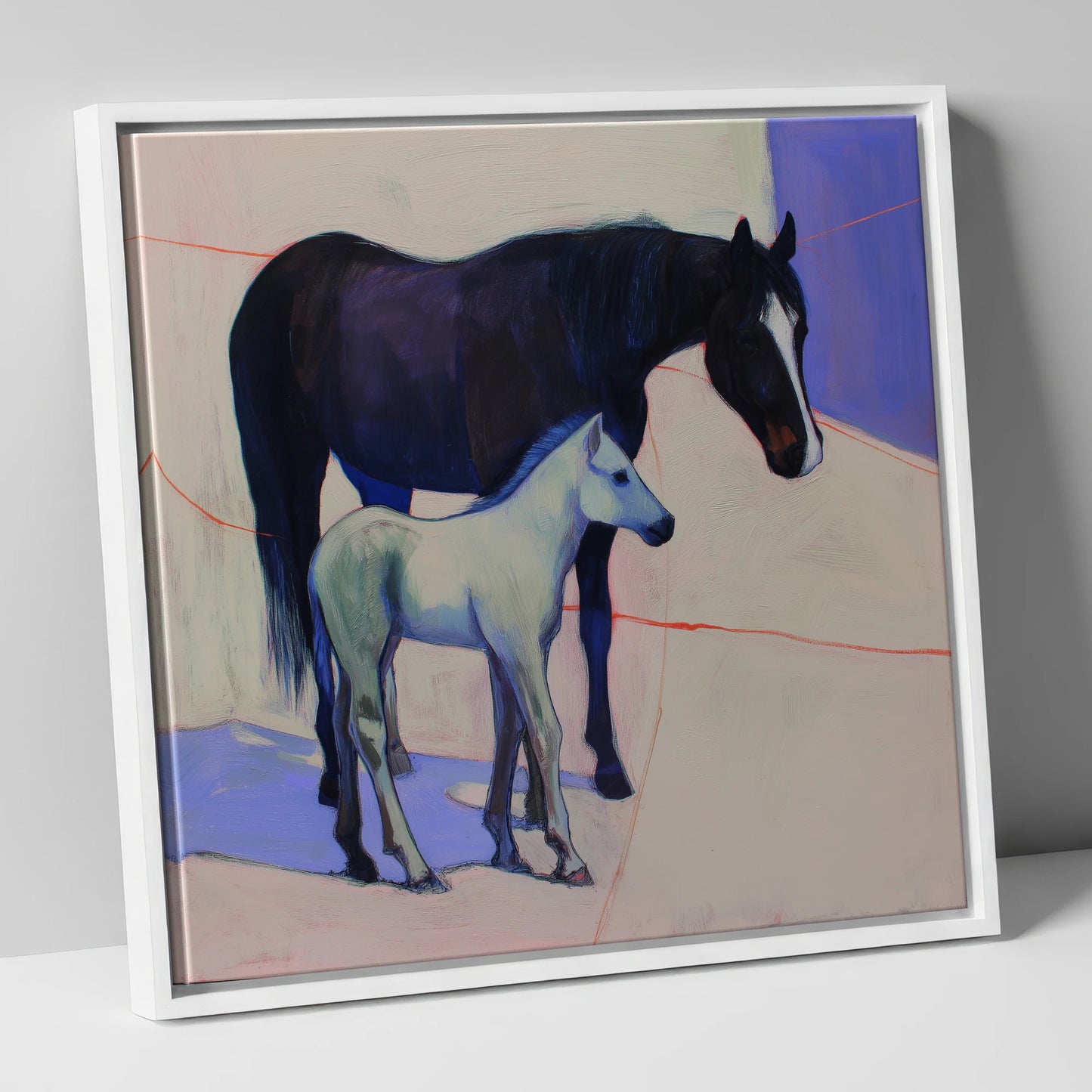 Indigo Shadows mare & foal canvas wall art in white frame