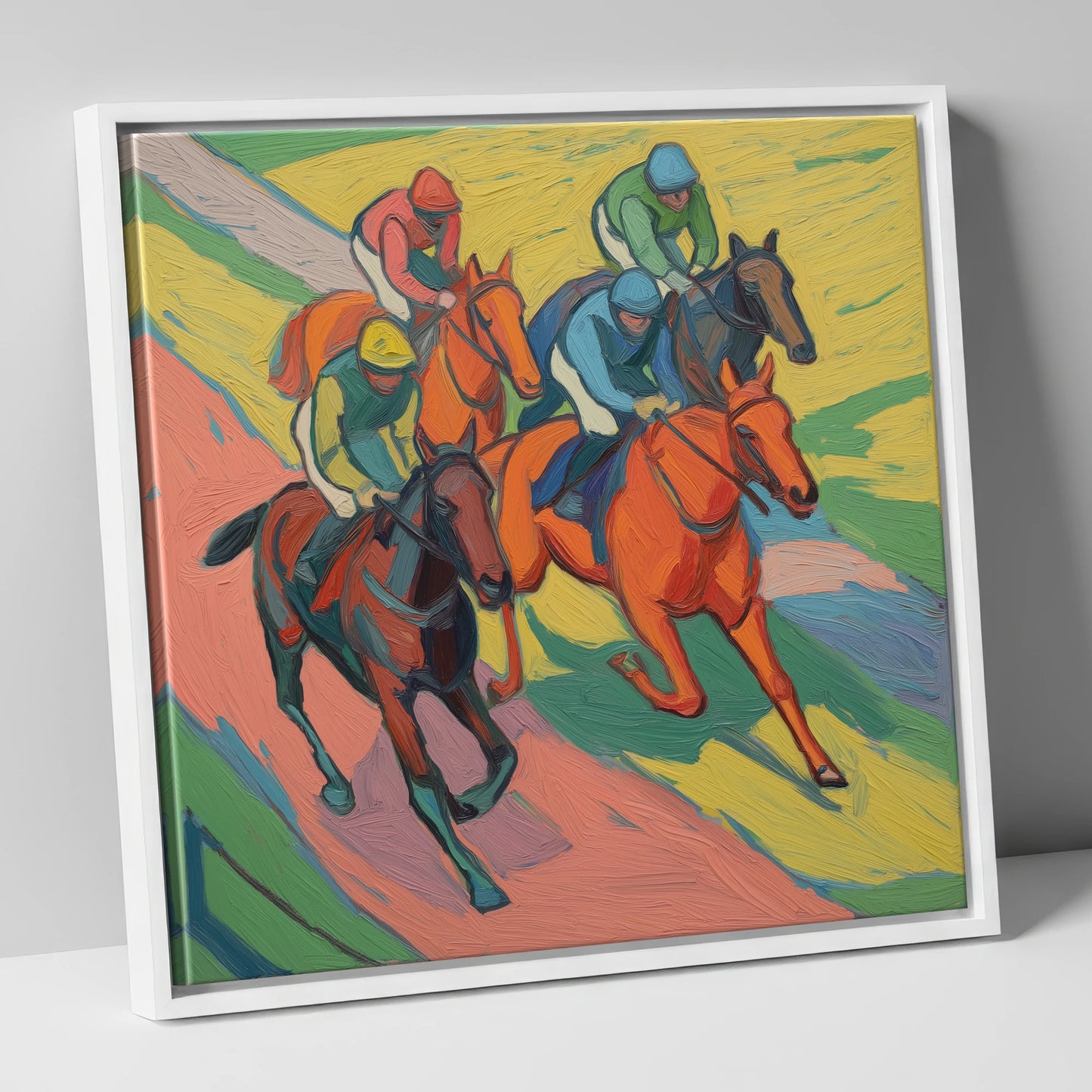 Colours of the Turf racing horse canvas wall art in white frame
