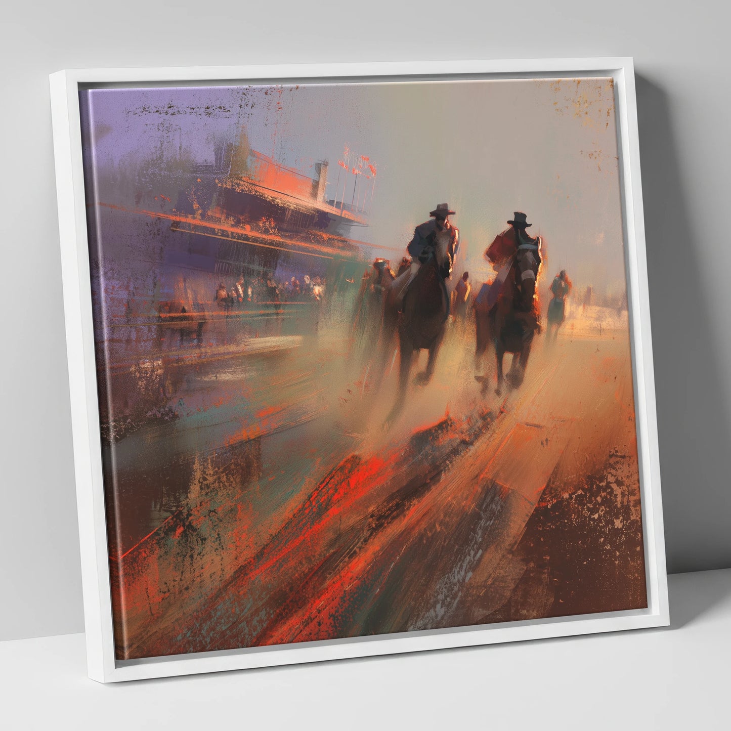 Thunder on the Track racing horse canvas wall art in white frame