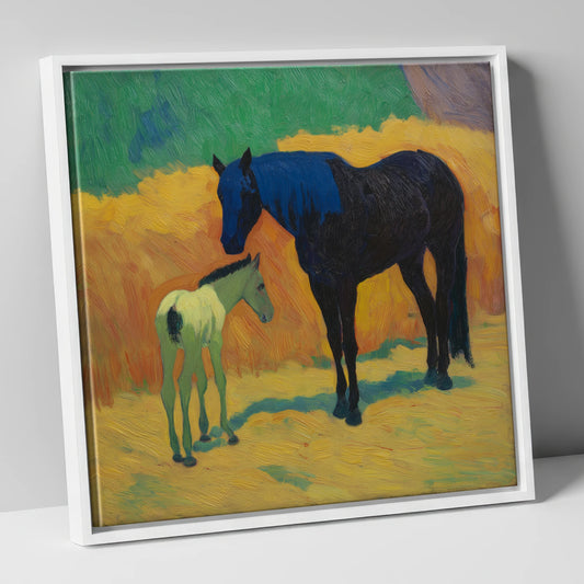 Radiant First Steps mare & foal canvas wall art in white frame