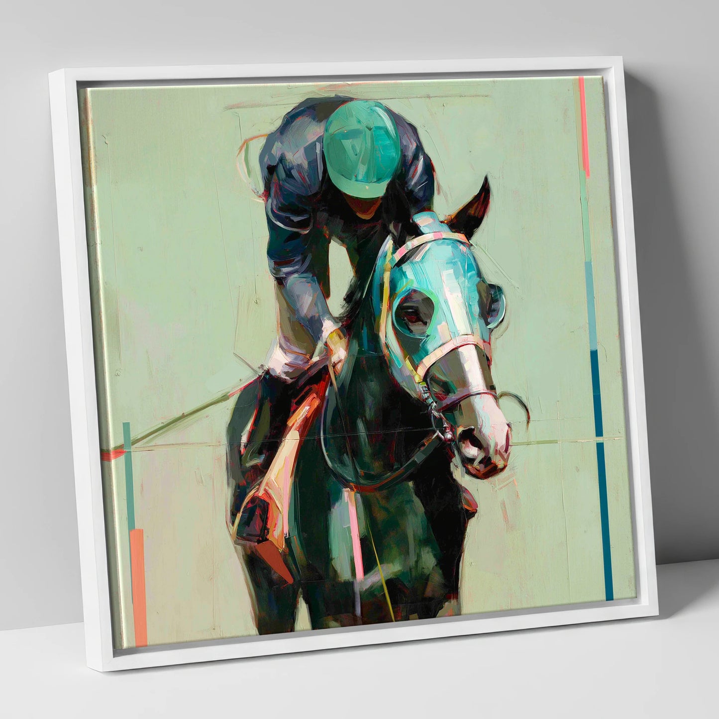 Blinkered Focus racing horse canvas wall art in white frame