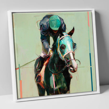Blinkered Focus racing horse canvas wall art in white frame