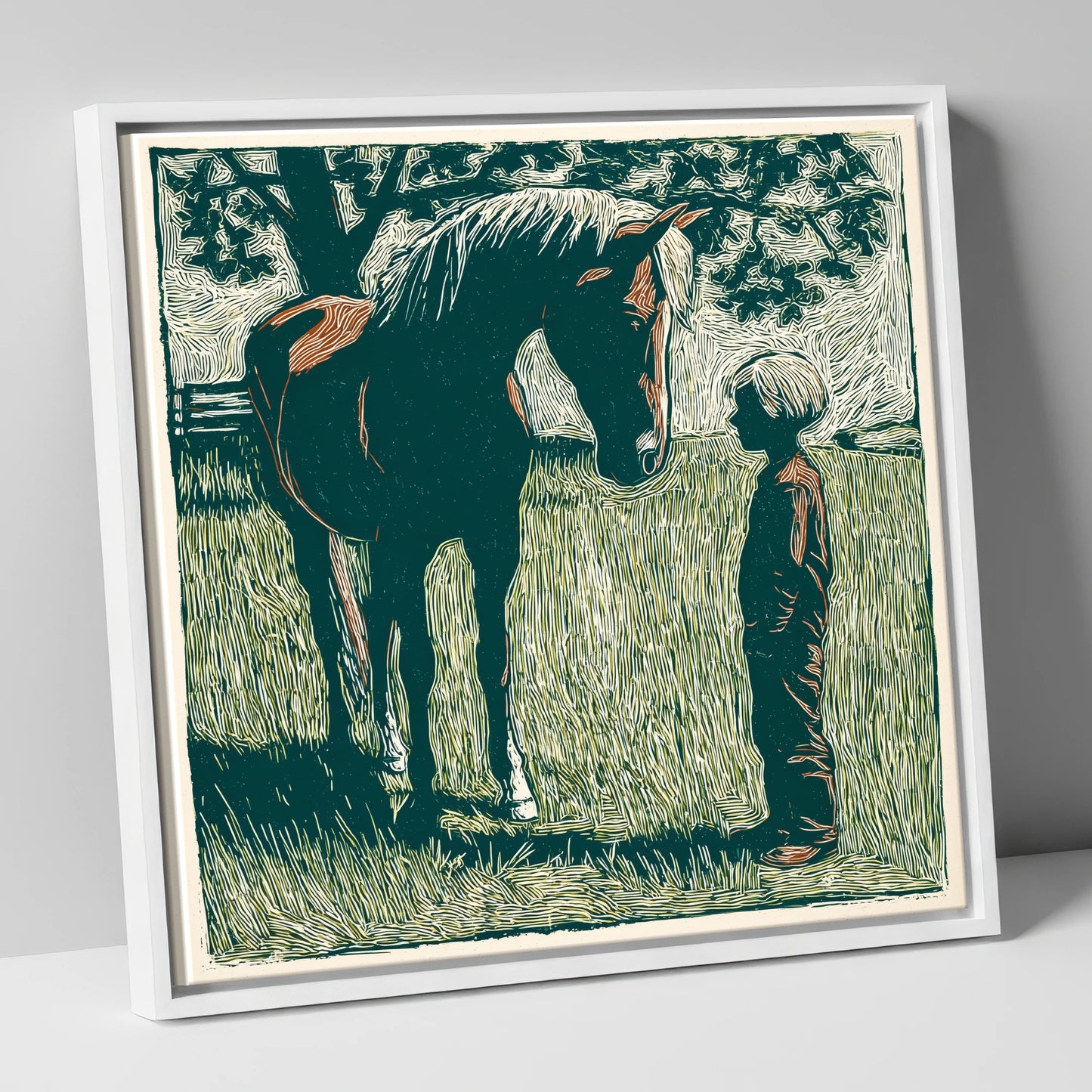 Kindred Spirits horse & rider canvas wall art in white frame