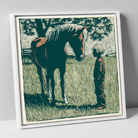 Kindred Spirits horse & rider canvas wall art in white frame