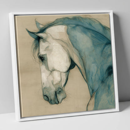 Teal Equine Study horse portrait canvas wall art in white frame