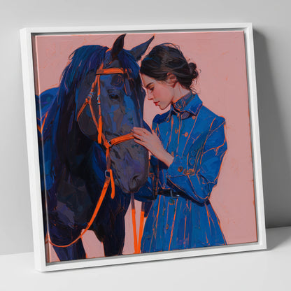The Indigo Embrace horse & rider canvas wall art in white frame