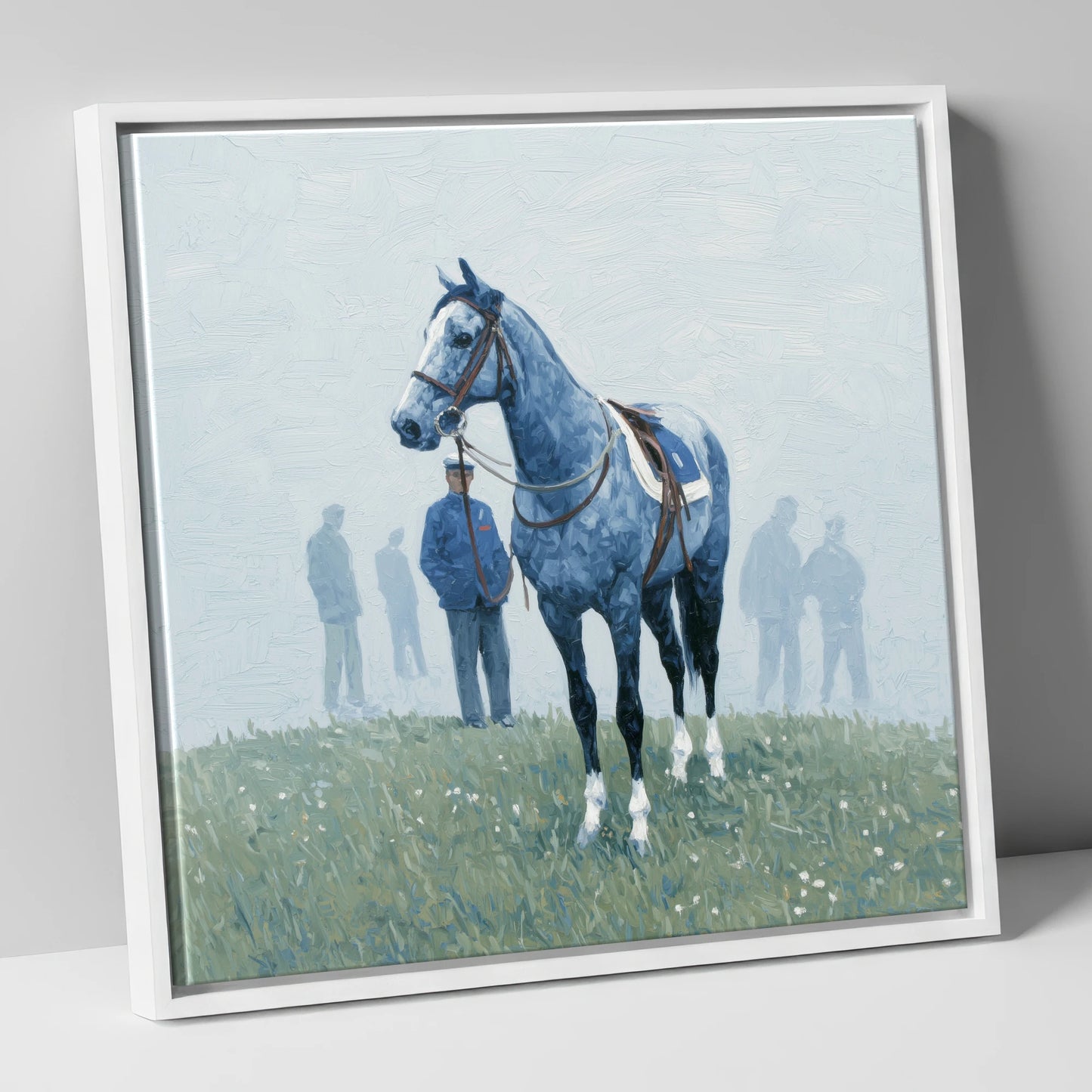 Waiting in the Mist racing horse canvas wall art in white frame