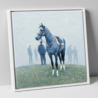 Waiting in the Mist racing horse canvas wall art in white frame