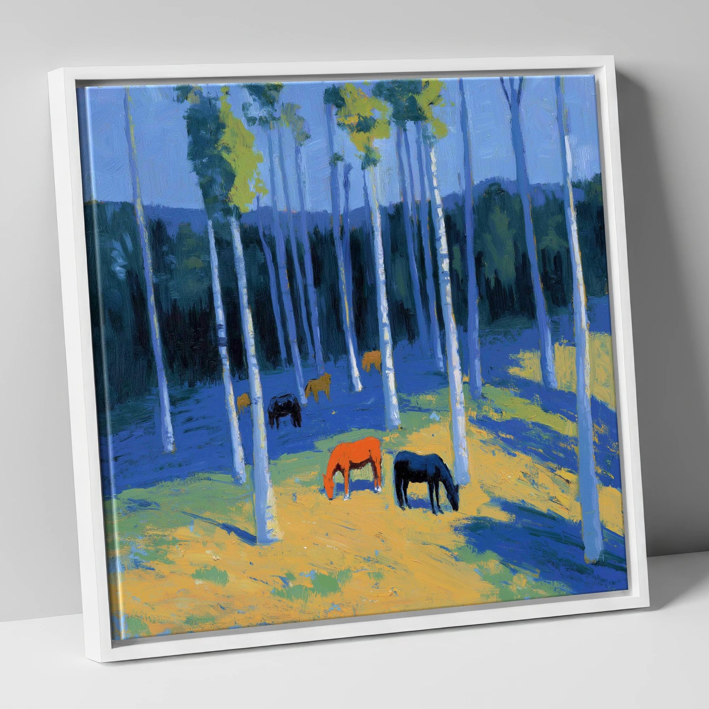 Golden Light in the Azure Grove horse landscape canvas wall art in white frame