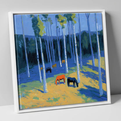 Golden Light in the Azure Grove horse landscape canvas wall art in white frame