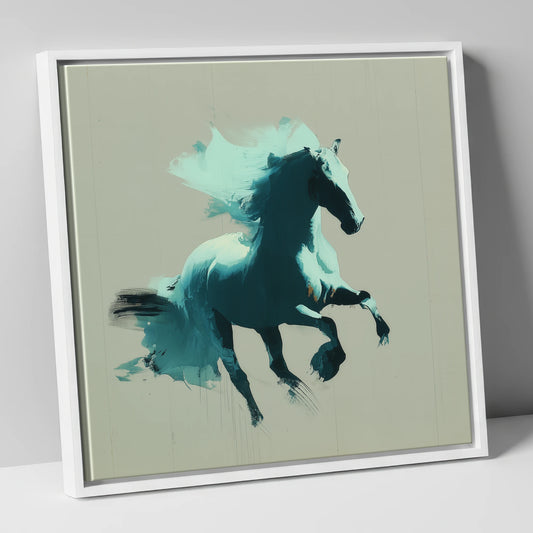 Dynamic Teal Stallion horse breed canvas wall art in white frame