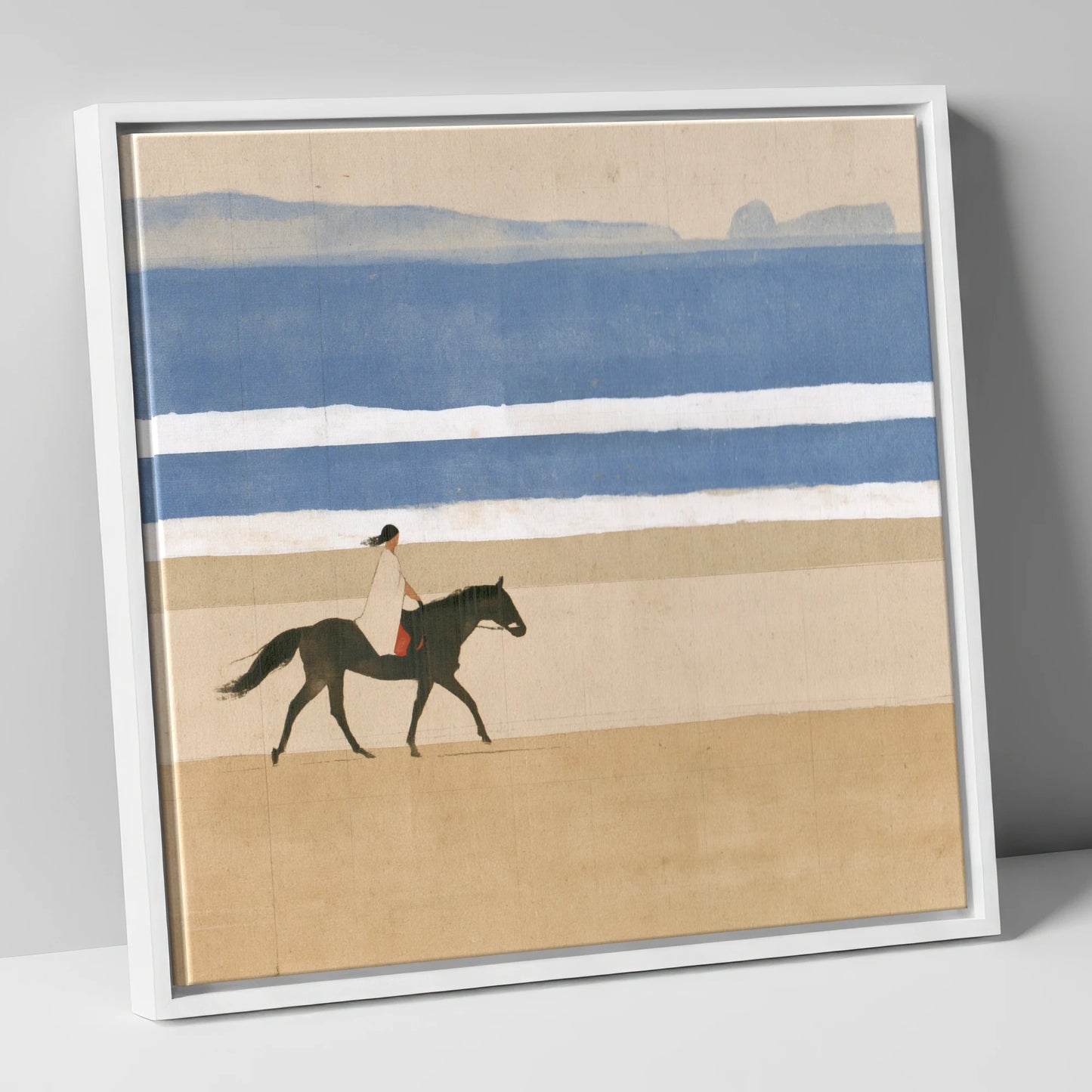 Tranquil Coastal Ride beach horse canvas wall art in white frame