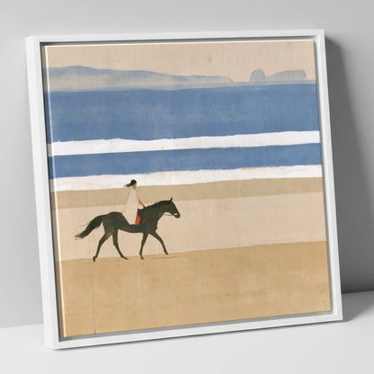 Tranquil Coastal Ride beach horse canvas wall art in white frame