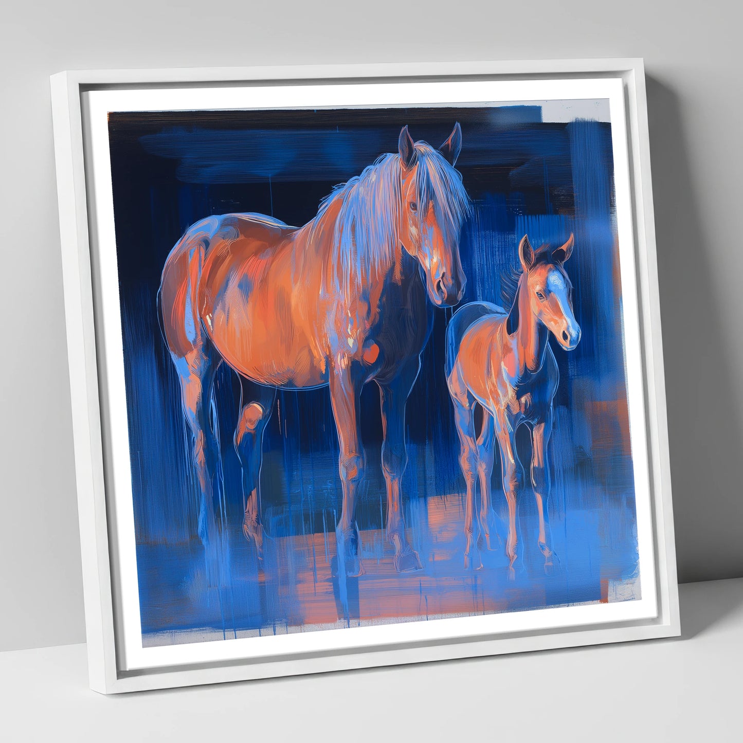 Cobalt and Apricot mare & foal canvas wall art in white frame