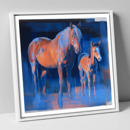 Cobalt and Apricot mare & foal canvas wall art in white frame