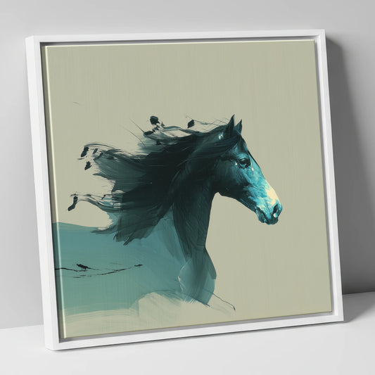Windswept in Teal horse breed canvas wall art in white frame