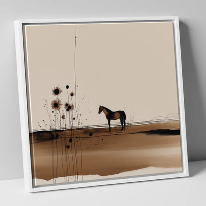 Stillness in Sepia horse landscape canvas wall art in white frame