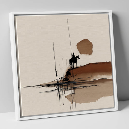 Sepia Western Rider Ink Silhouette western horse canvas wall art in white frame