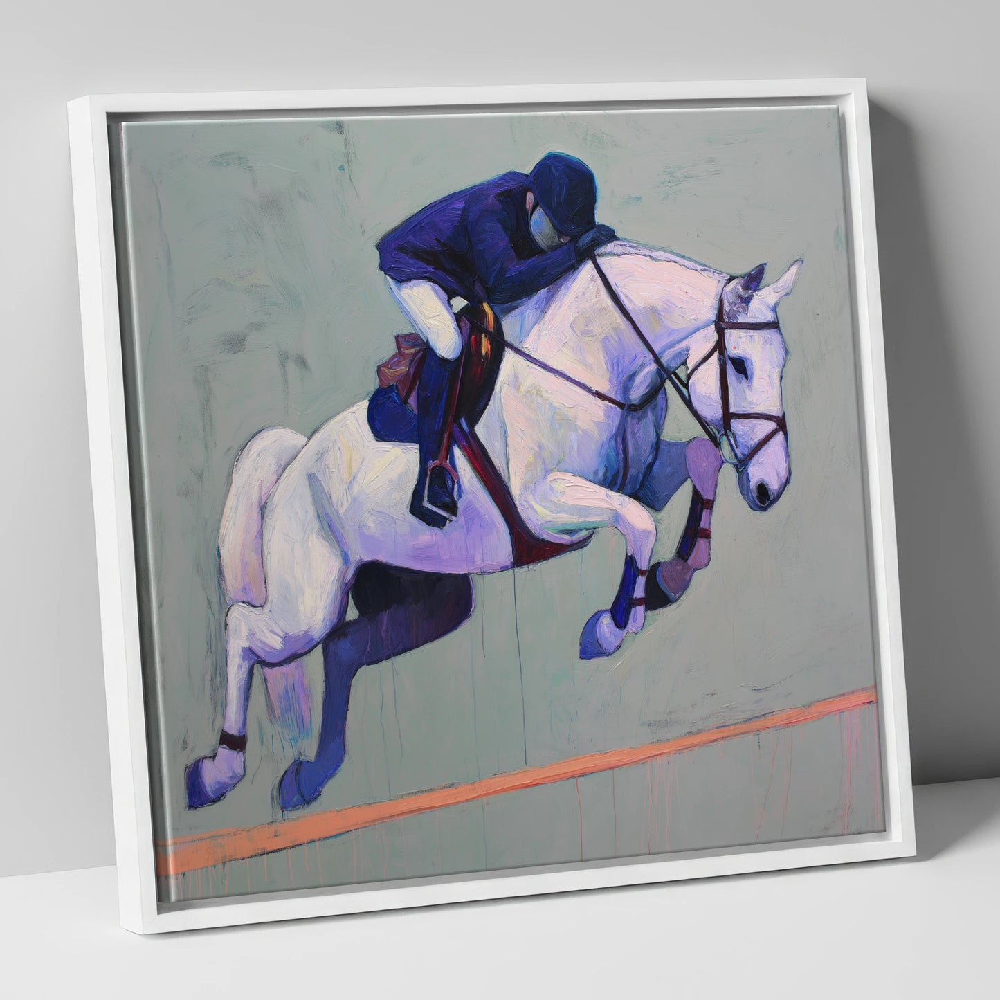 Suspended in Blue show jumping horse canvas wall art in white frame