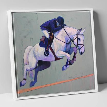 Suspended in Blue show jumping horse canvas wall art in white frame