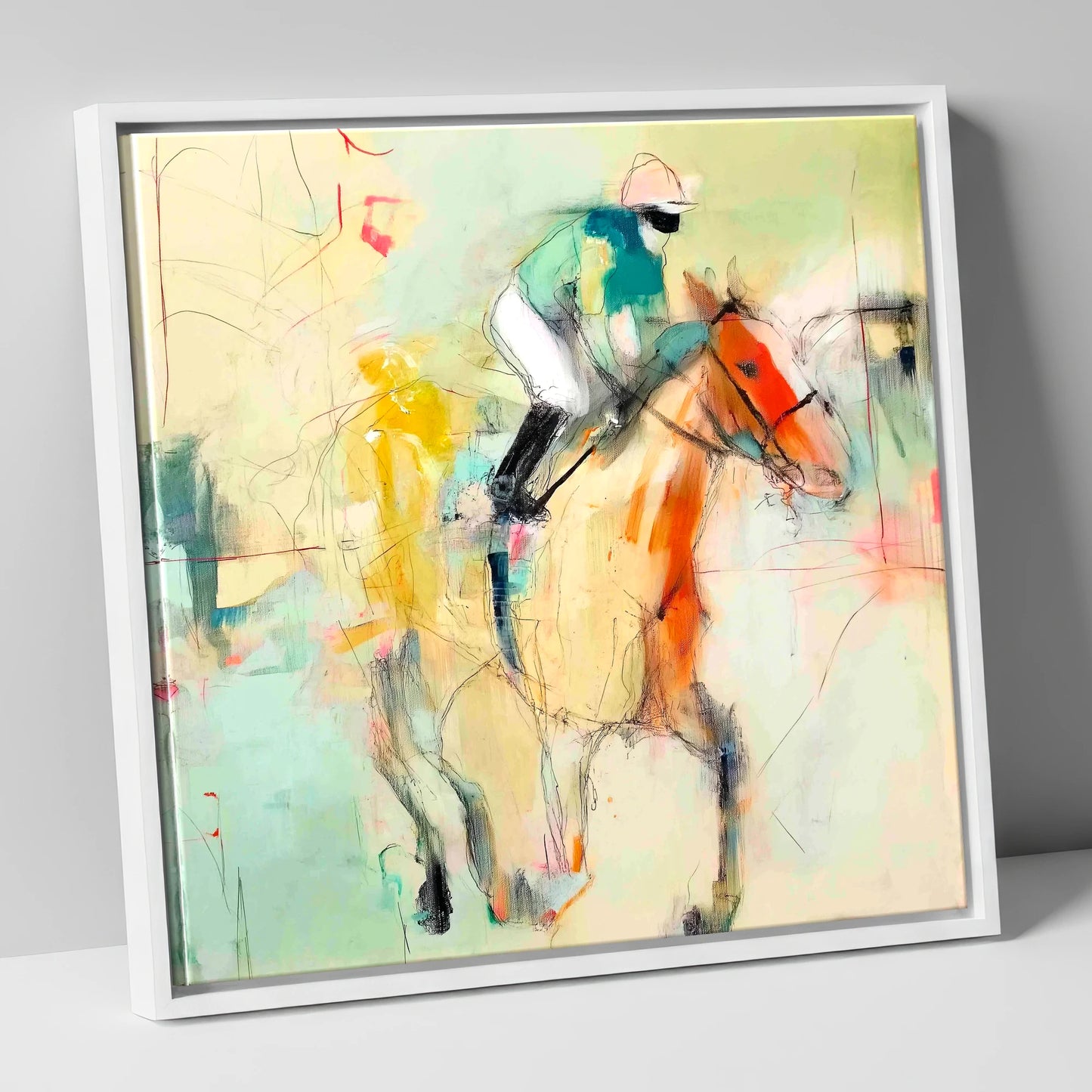 The Fleeting Stride racing horse canvas wall art in white frame