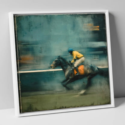 The Blue Furlong racing horse canvas wall art in white frame