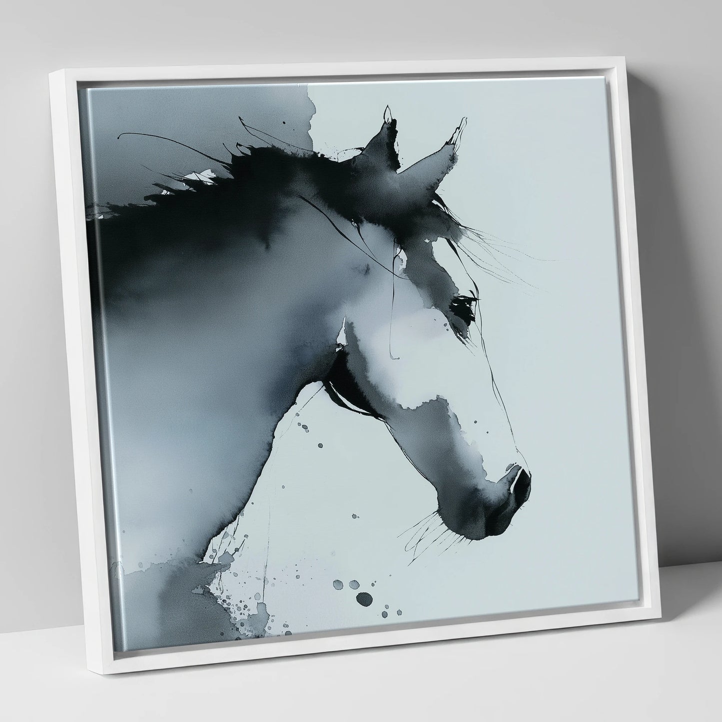 Ethereal Monochrome Profile horse portrait canvas wall art in white frame
