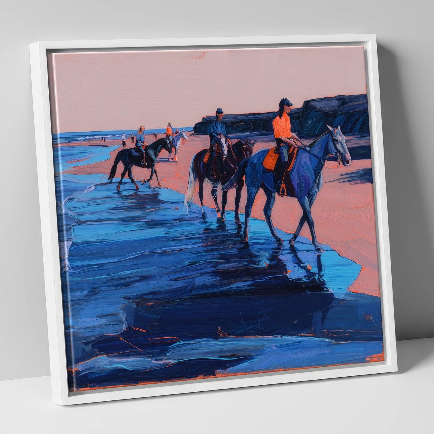 Twilight Coastal Hack horse landscape canvas wall art in white frame