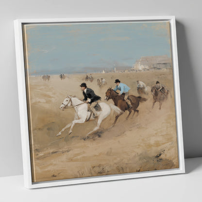 Galloping on the Sands racing horse canvas wall art in white frame